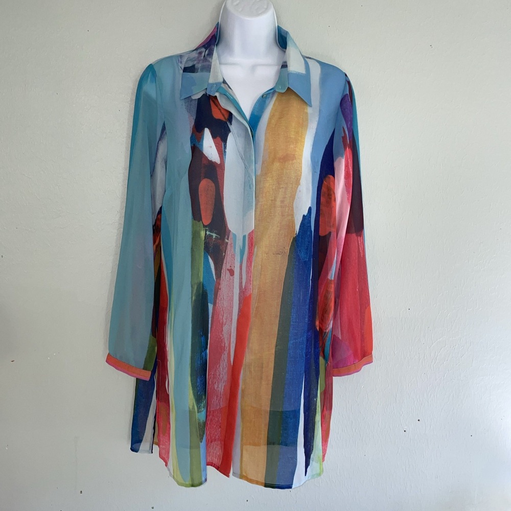 Pre-Owned Claire Desjardins Blue Size Large Printed Long Sleeve Button Down